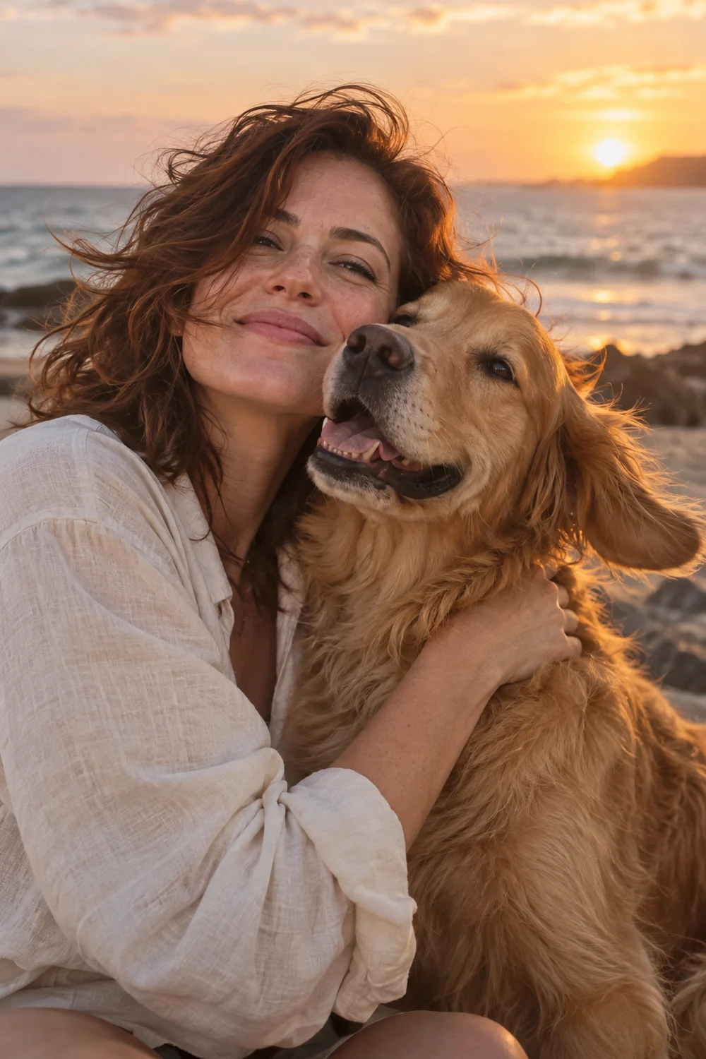 Woman and her golden retriever together at the beach