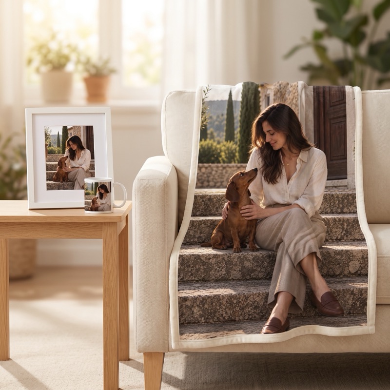 A framed portrait, mug and blanket in a sunny living room